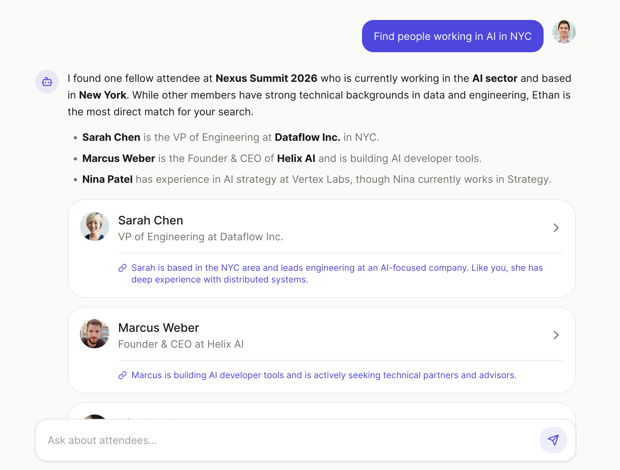 AI-powered member search showing results for people working in AI in NYC