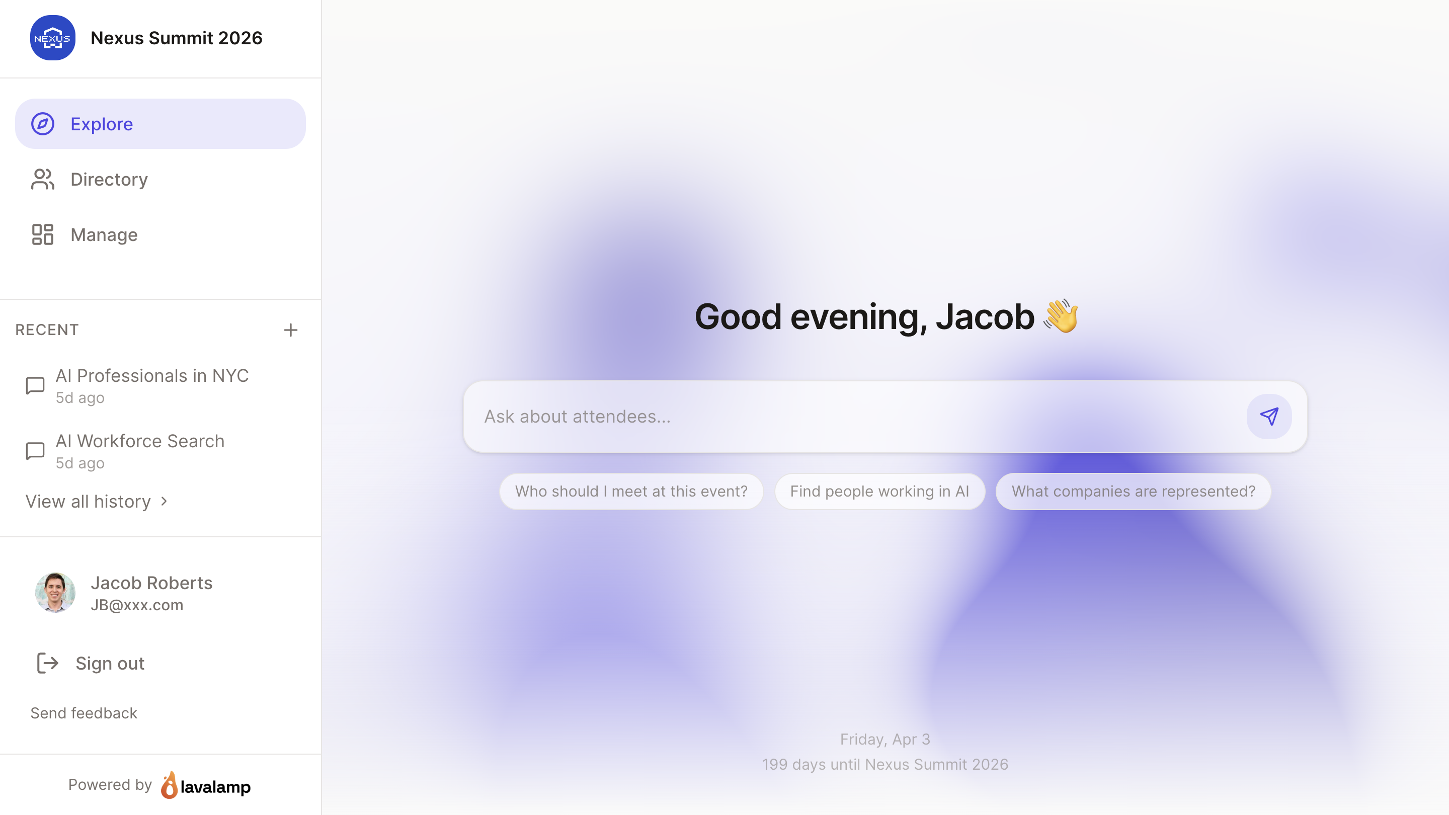 Lavalamp community portal showing AI-powered member search