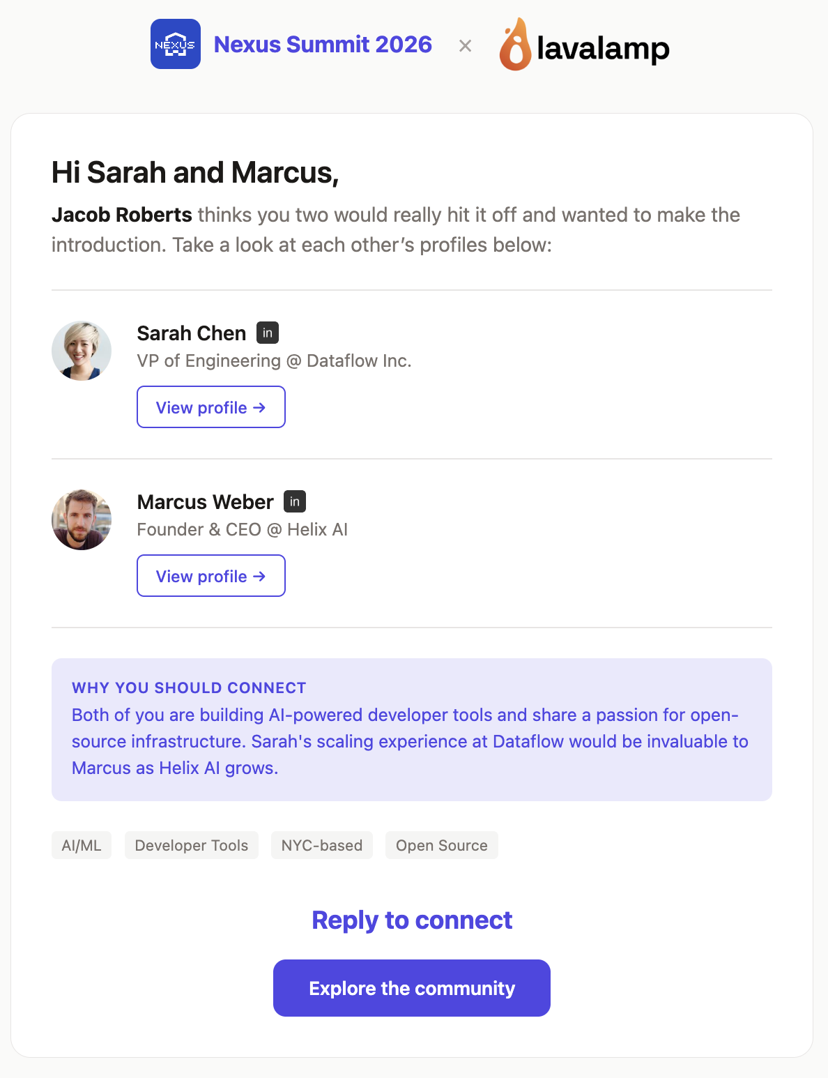 Introduction email connecting two members with personalized context