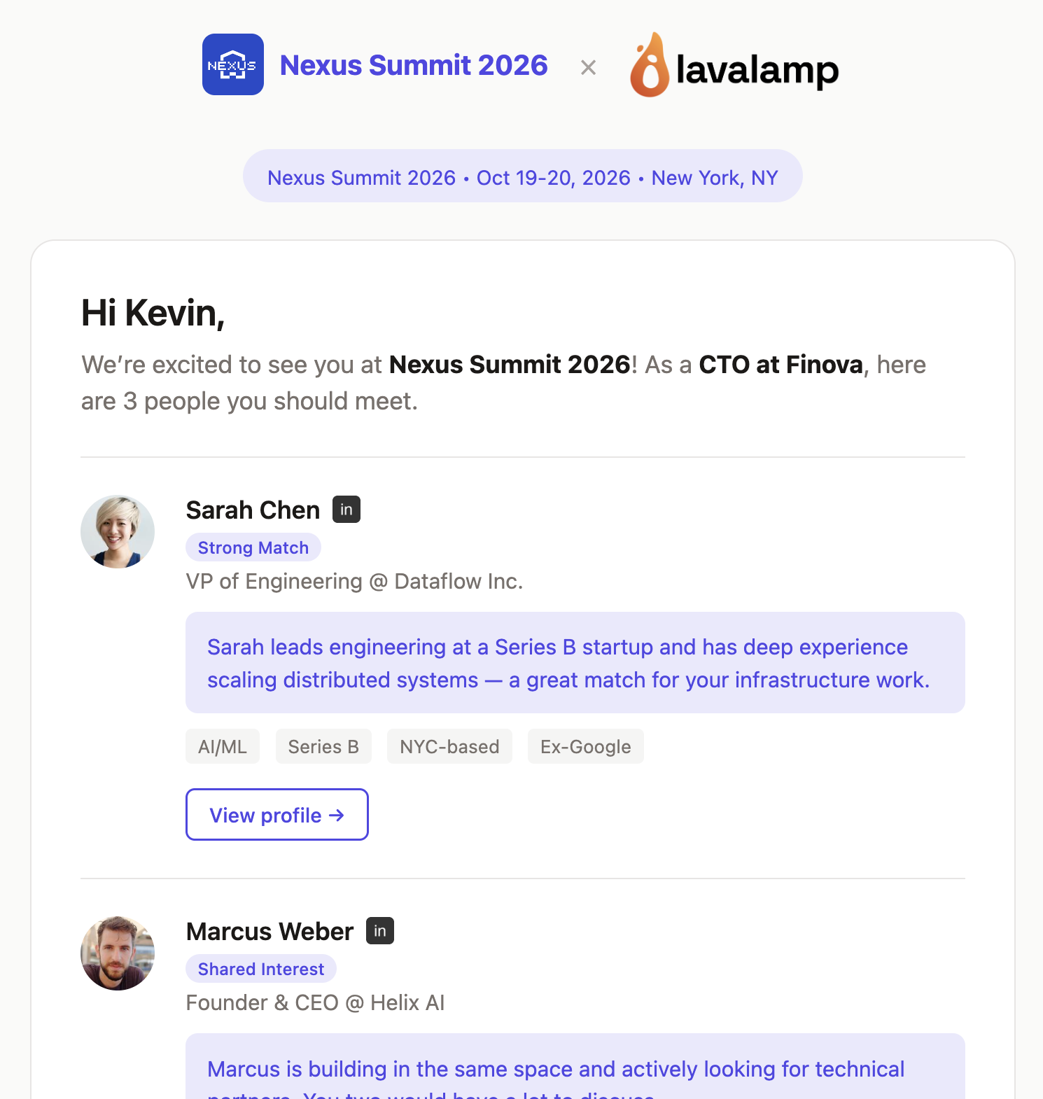 Personalized recommendation email with attendee matches and reasons to connect